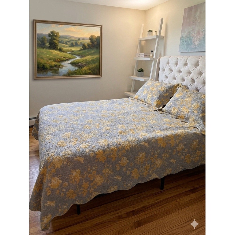 Soft Surroundings Yellow Blue Floral Scalloped‎ Queen Quilt, Bedskirt & 2 Shams